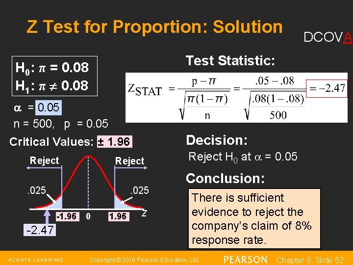 Z Test for Proportion: Solution DCOVA Test Statistic: H 0: π = 0. 08