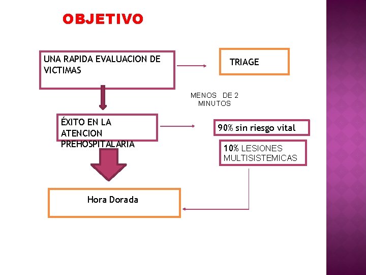 OBJETIVO UNA RAPIDA EVALUACION DE VICTIMAS TRIAGE MENOS DE 2 MINUTOS ÉXITO EN LA