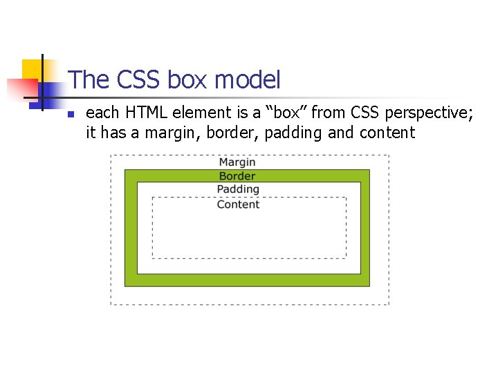 The CSS box model n each HTML element is a “box” from CSS perspective;