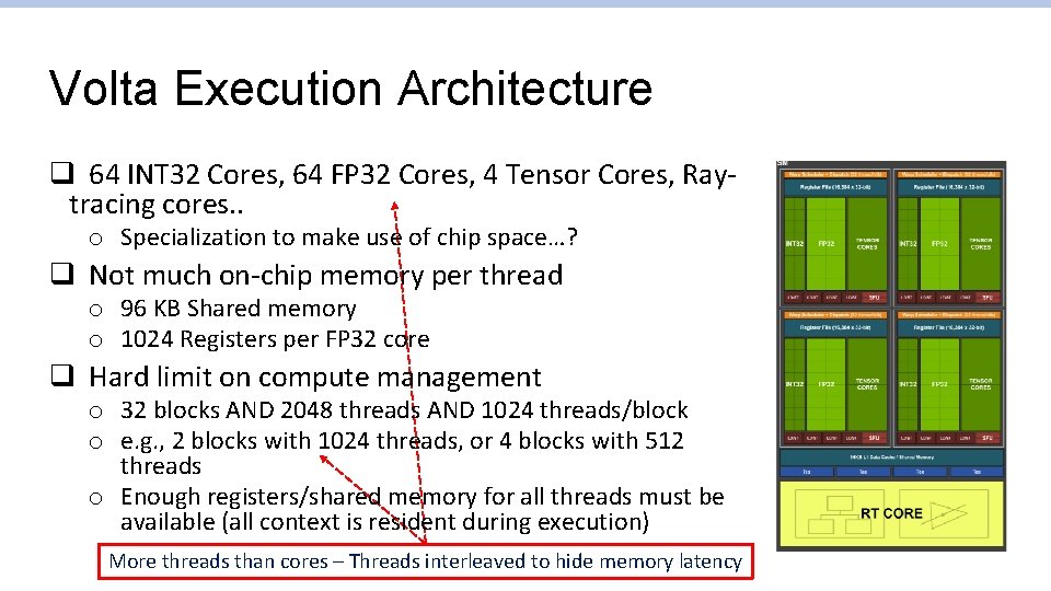 Volta Execution Architecture q 64 INT 32 Cores, 64 FP 32 Cores, 4 Tensor