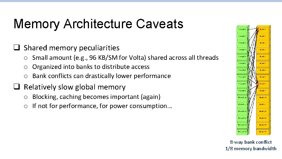 Memory Architecture Caveats q Shared memory peculiarities o Small amount (e. g. , 96