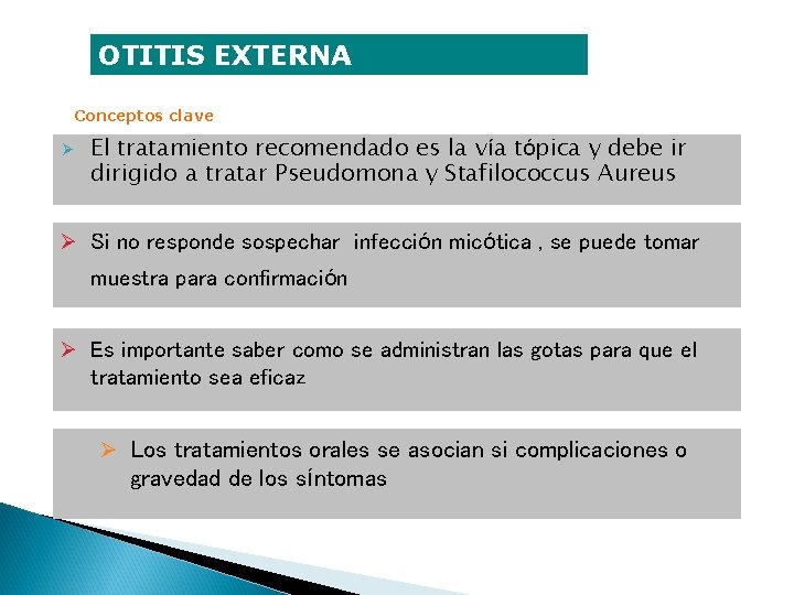 OTITIS EXTERNA Conceptos clave Ø El tratamiento recomendado es la vía tópica y debe