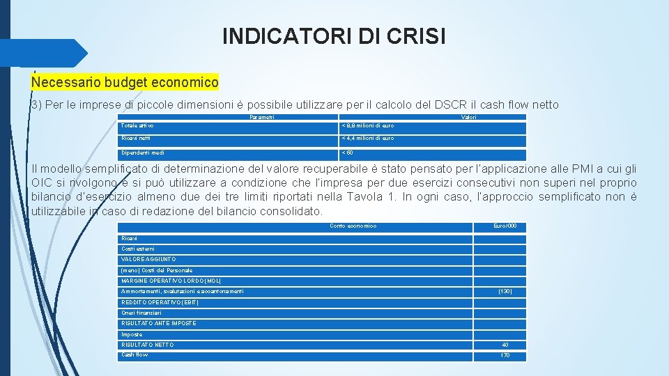 INDICATORI DI CRISI Necessario budget economico 3) Per le imprese di piccole dimensioni è