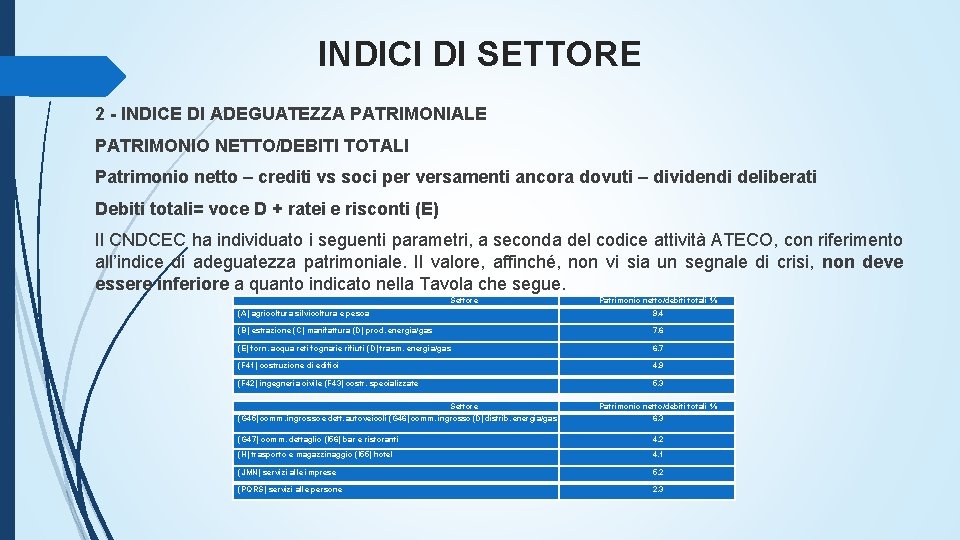 INDICI DI SETTORE 2 - INDICE DI ADEGUATEZZA PATRIMONIALE PATRIMONIO NETTO/DEBITI TOTALI Patrimonio netto