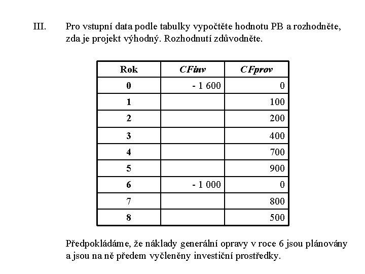 III. Pro vstupní data podle tabulky vypočtěte hodnotu PB a rozhodněte, zda je projekt