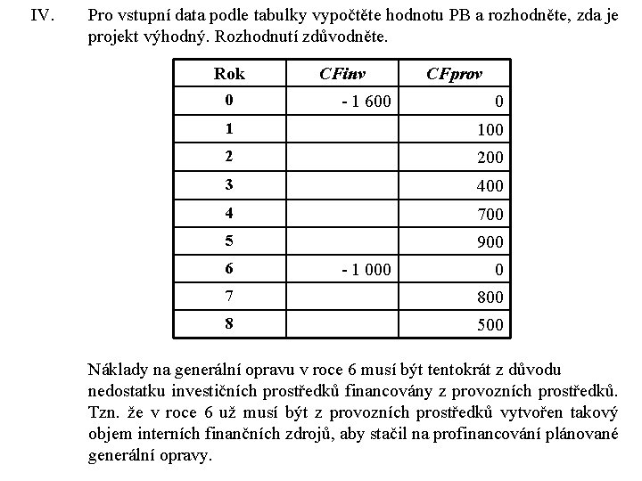 IV. Pro vstupní data podle tabulky vypočtěte hodnotu PB a rozhodněte, zda je projekt