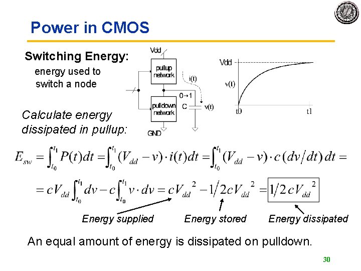 Power in CMOS Switching Energy: energy used to switch a node Calculate energy dissipated Power in CMOS Switching Energy: energy used to switch a node Calculate energy dissipated