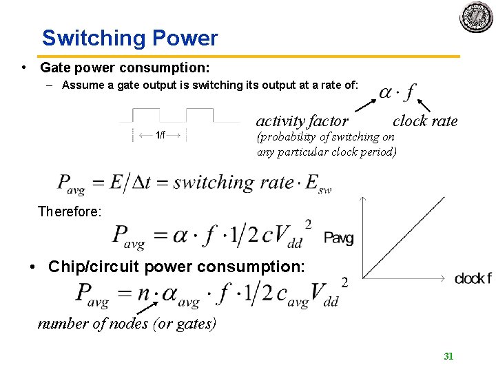 Switching Power • Gate power consumption: – Assume a gate output is switching its Switching Power • Gate power consumption: – Assume a gate output is switching its