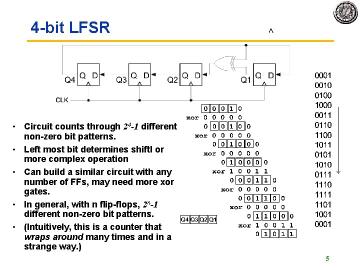 4 -bit LFSR • Circuit counts through 24 -1 different non-zero bit patterns. • 4 -bit LFSR • Circuit counts through 24 -1 different non-zero bit patterns. •