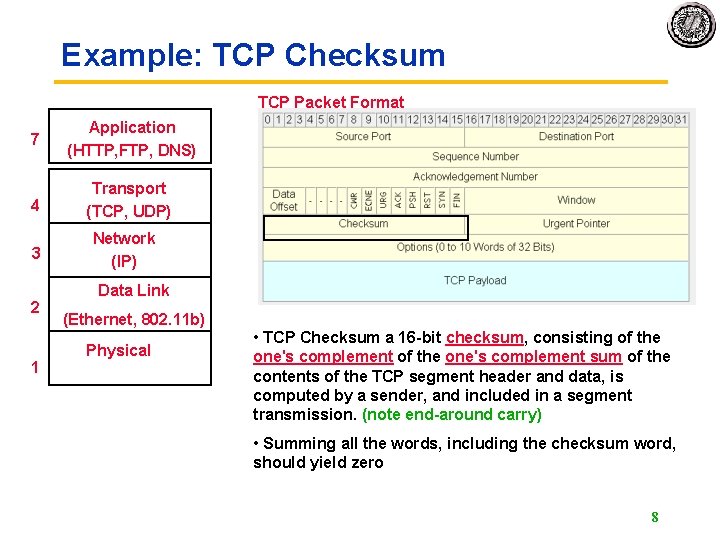 Example: TCP Checksum TCP Packet Format 7 Application (HTTP, FTP, DNS) 4 Transport (TCP, Example: TCP Checksum TCP Packet Format 7 Application (HTTP, FTP, DNS) 4 Transport (TCP,