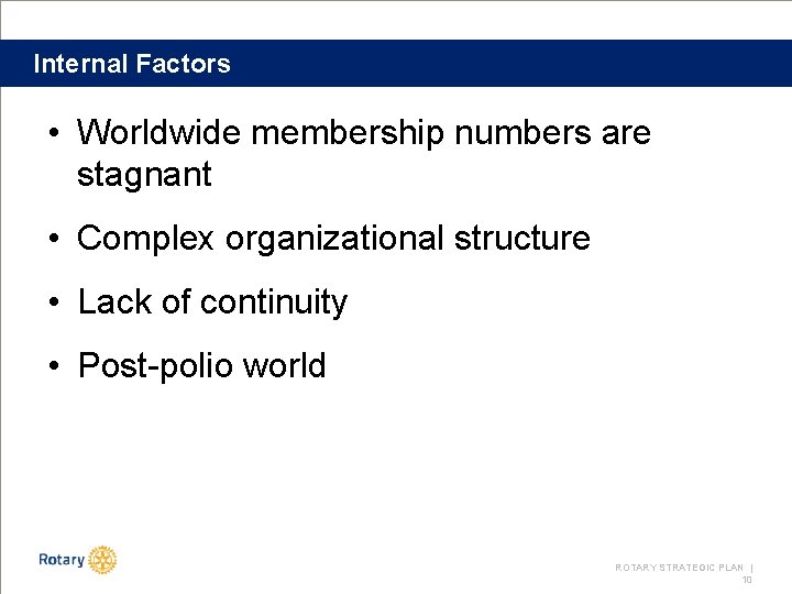 Internal Factors • Worldwide membership numbers are stagnant • Complex organizational structure • Lack