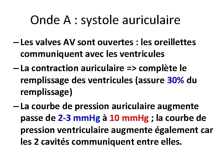 Onde A : systole auriculaire – Les valves AV sont ouvertes : les oreillettes