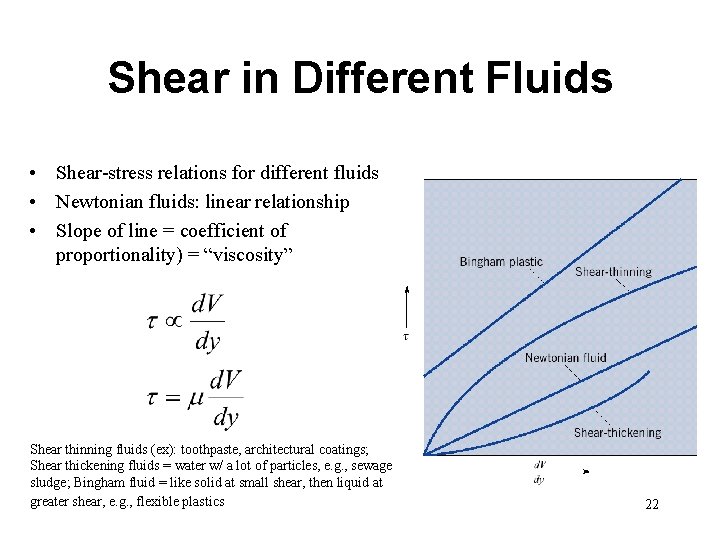 Shear in Different Fluids • Shear-stress relations for different fluids • Newtonian fluids: linear