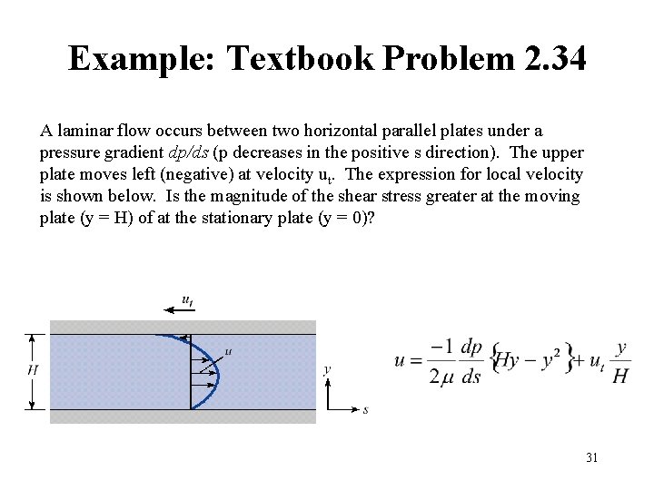 Example: Textbook Problem 2. 34 A laminar flow occurs between two horizontal parallel plates