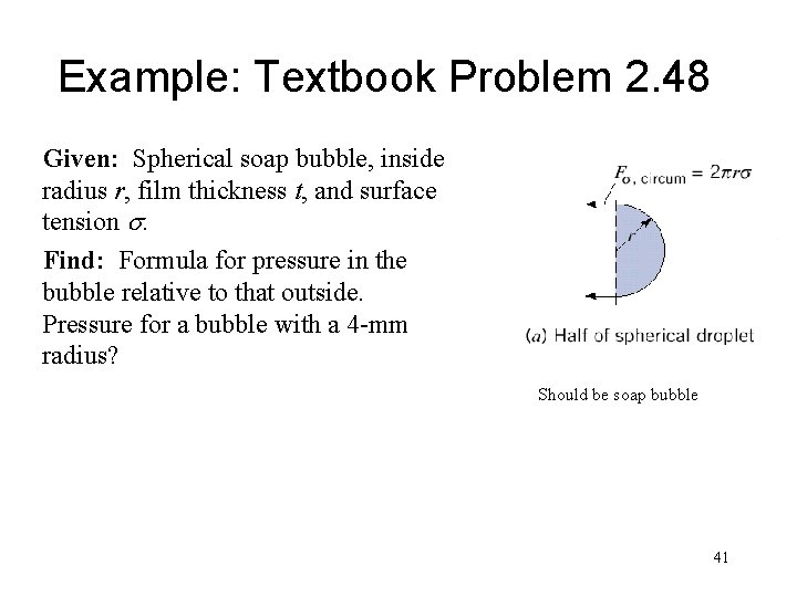 Example: Textbook Problem 2. 48 Given: Spherical soap bubble, inside radius r, film thickness
