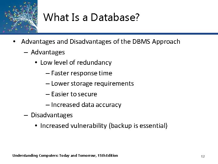 What Is a Database? • Advantages and Disadvantages of the DBMS Approach – Advantages