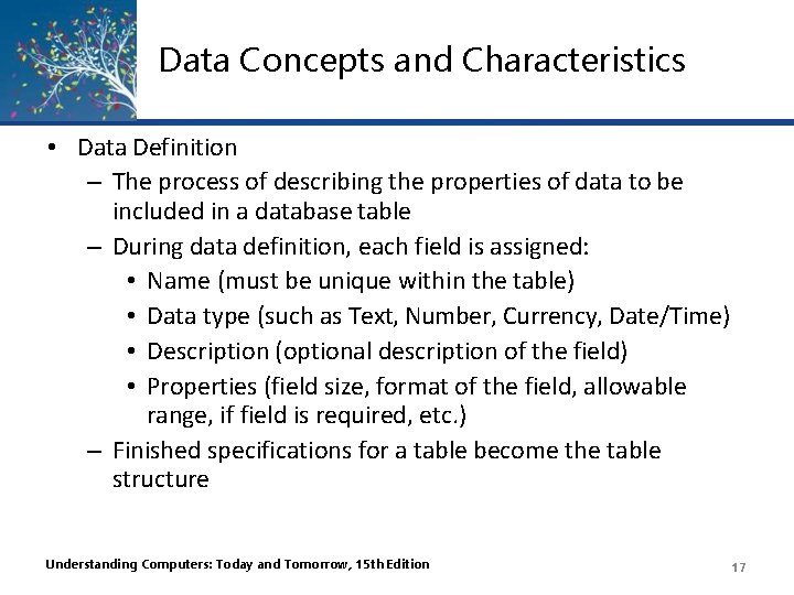 Data Concepts and Characteristics • Data Definition – The process of describing the properties