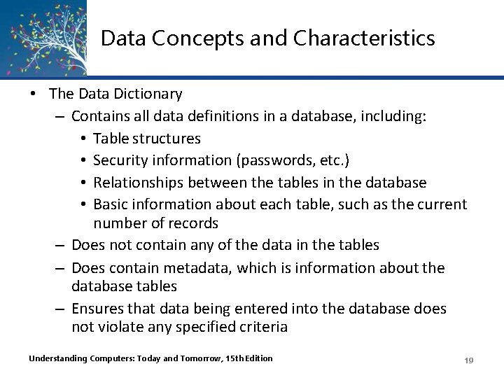 Data Concepts and Characteristics • The Data Dictionary – Contains all data definitions in