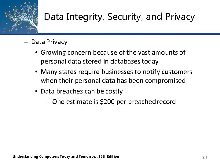 Data Integrity, Security, and Privacy – Data Privacy • Growing concern because of the