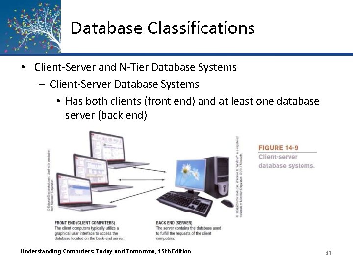 Database Classifications • Client-Server and N-Tier Database Systems – Client-Server Database Systems • Has