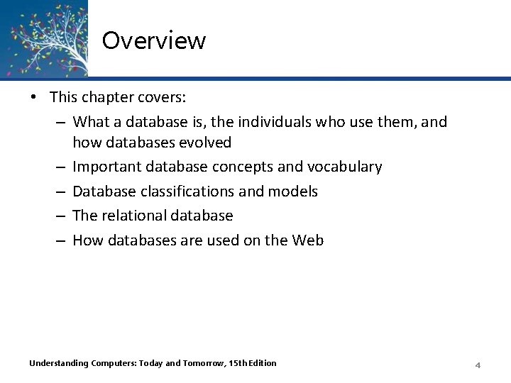 Overview • This chapter covers: – What a database is, the individuals who use