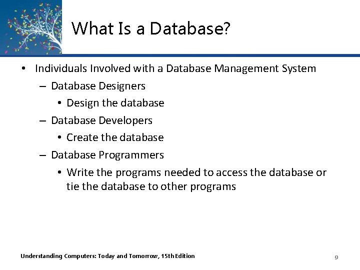 What Is a Database? • Individuals Involved with a Database Management System – Database