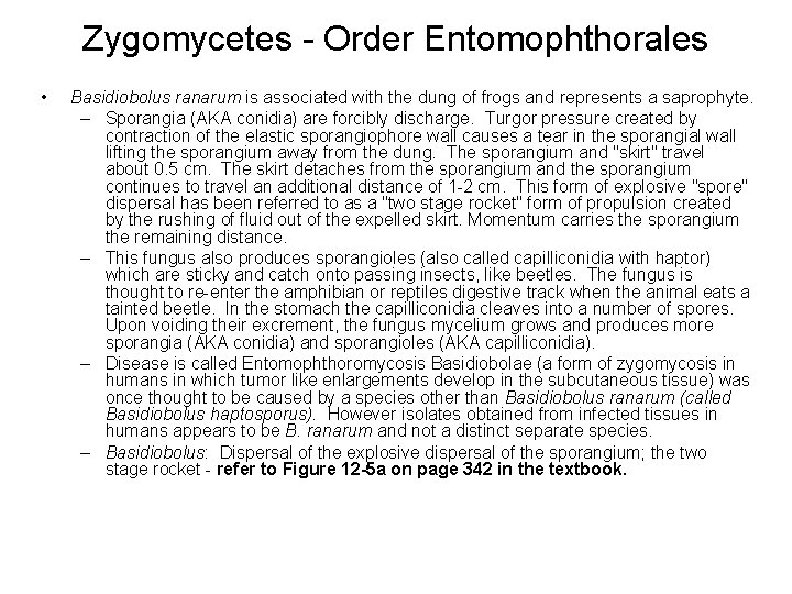 Zygomycetes - Order Entomophthorales • Basidiobolus ranarum is associated with the dung of frogs Zygomycetes - Order Entomophthorales • Basidiobolus ranarum is associated with the dung of frogs
