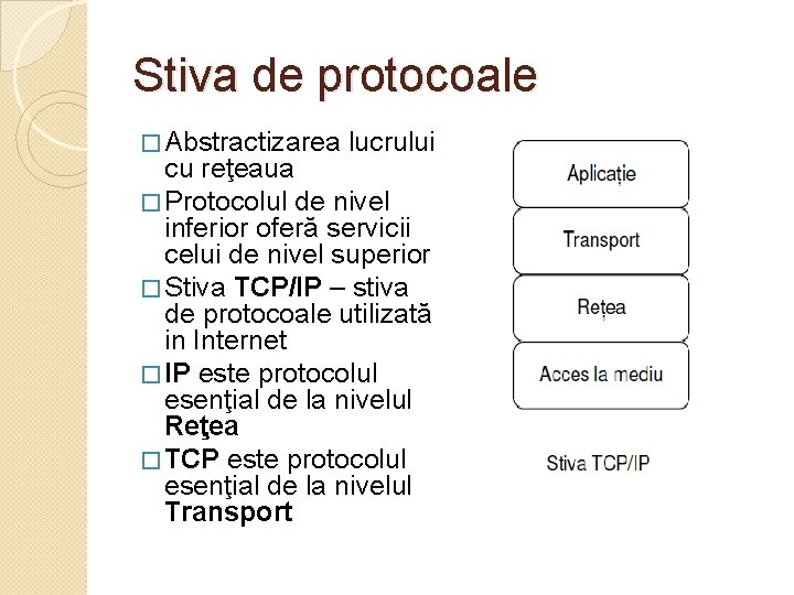 Stiva de protocoale � Abstractizarea lucrului cu reţeaua � Protocolul de nivel inferior oferă