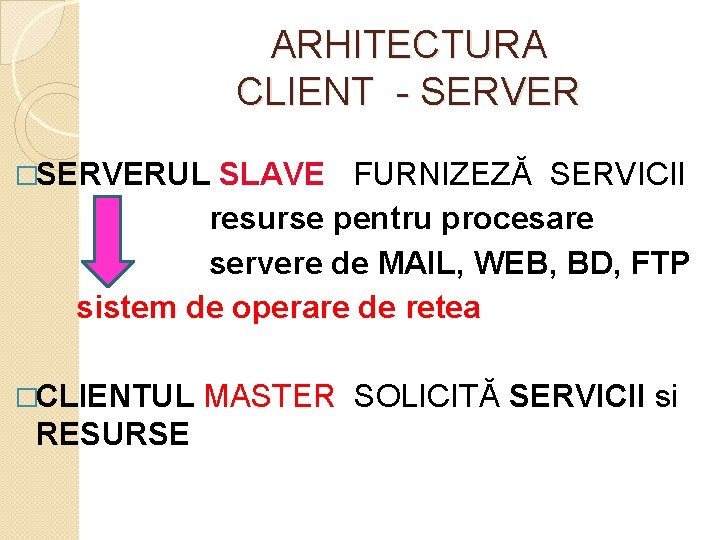 ARHITECTURA CLIENT - SERVER �SERVERUL SLAVE FURNIZEZĂ SERVICII resurse pentru procesare servere de MAIL,