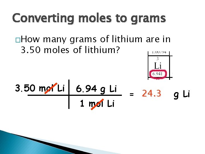 Converting moles to grams �How many grams of lithium are in 3. 50 moles Converting moles to grams �How many grams of lithium are in 3. 50 moles