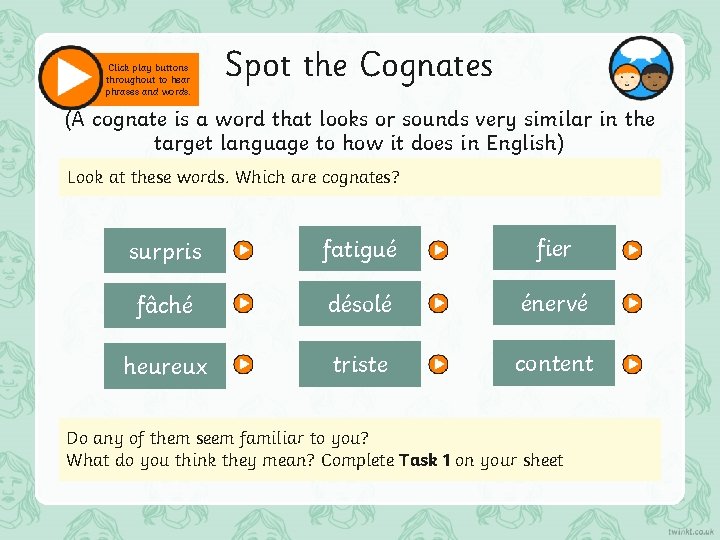 Click play buttons throughout to hear phrases and words. Spot the Cognates (A cognate