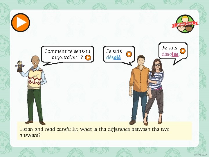 Comment te sens-tu aujourd'hui ? Je suis désolée. Listen and read carefully: what is