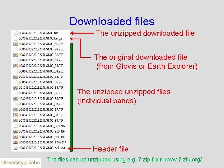 Downloaded files The unzipped downloaded file The original downloaded file (from Glovis or Earth