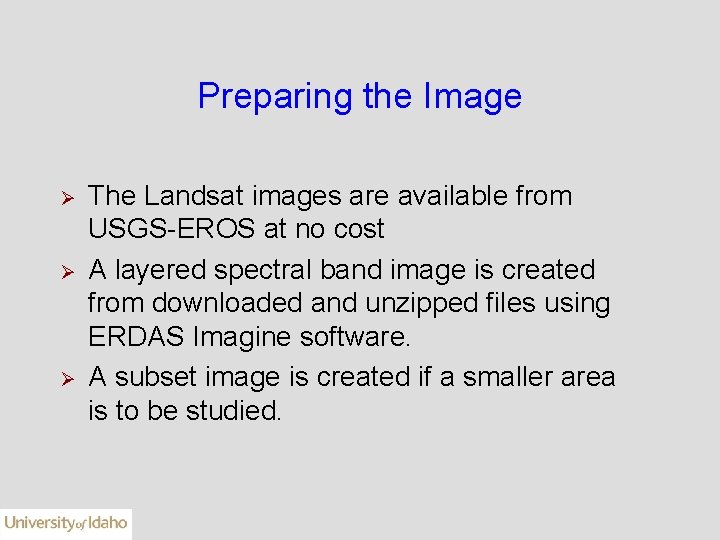 Preparing the Image Ø Ø Ø The Landsat images are available from USGS-EROS at