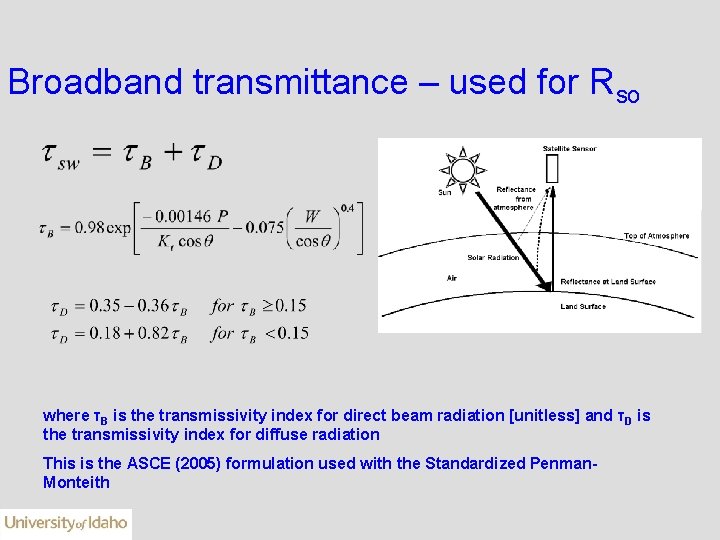 Broadband transmittance – used for Rso where τB is the transmissivity index for direct