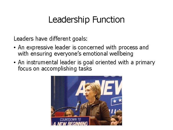 Leadership Function Leaders have different goals: • An expressive leader is concerned with process