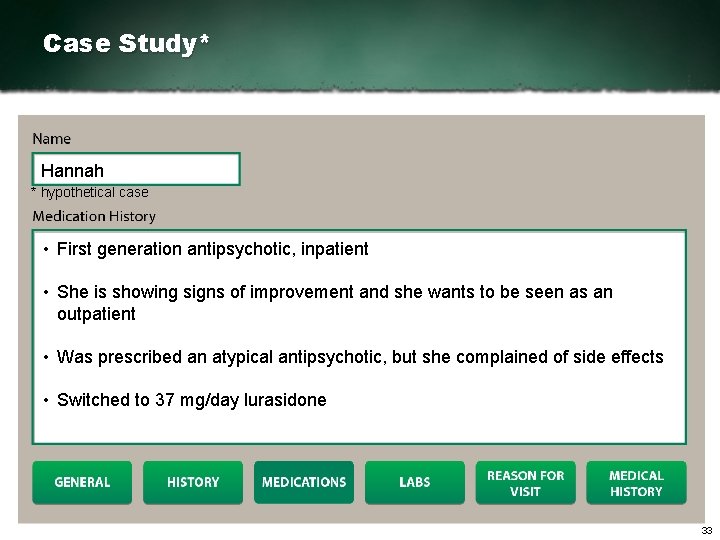 Case Study* Hannah * hypothetical case • First generation antipsychotic, inpatient • She is