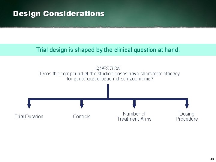 Design Considerations Trial design is shaped by the clinical question at hand. QUESTION Does