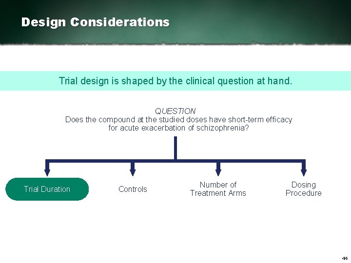 Design Considerations Trial design is shaped by the clinical question at hand. QUESTION Does