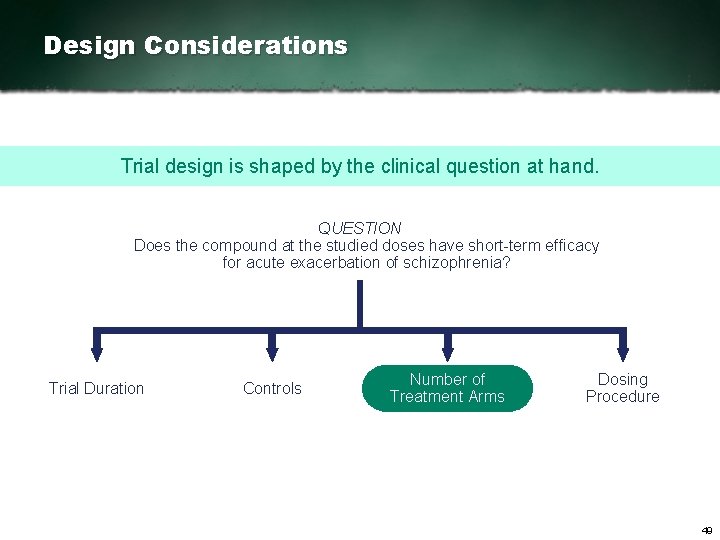 Design Considerations Trial design is shaped by the clinical question at hand. QUESTION Does