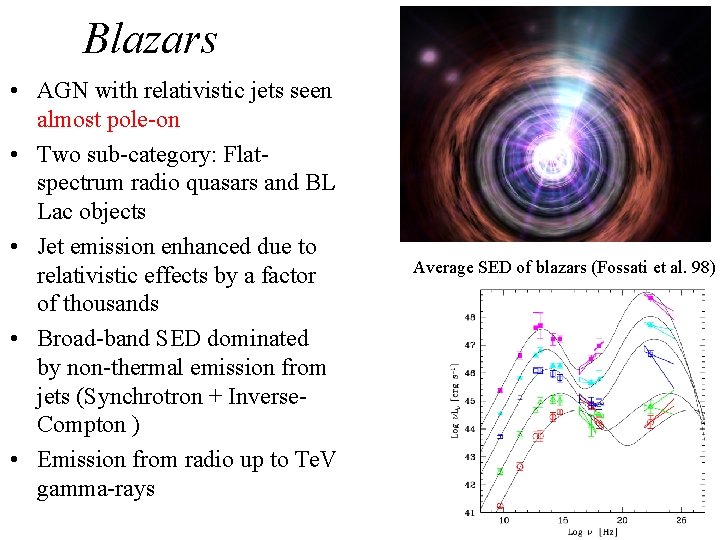 Blazars • AGN with relativistic jets seen almost pole-on • Two sub-category: Flatspectrum radio