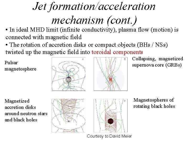 Jet formation/acceleration mechanism (cont. ) • In ideal MHD limit (infinite conductivity), plasma flow