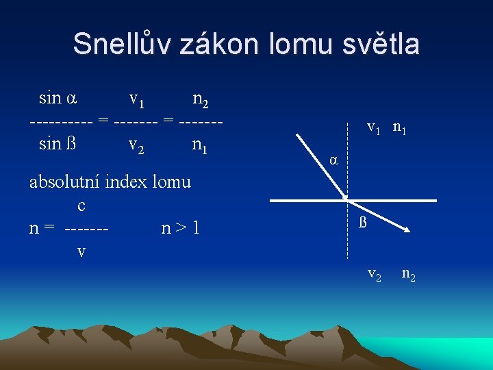 Snellův zákon lomu světla sin α v 1 n 2 ----- = ------- =