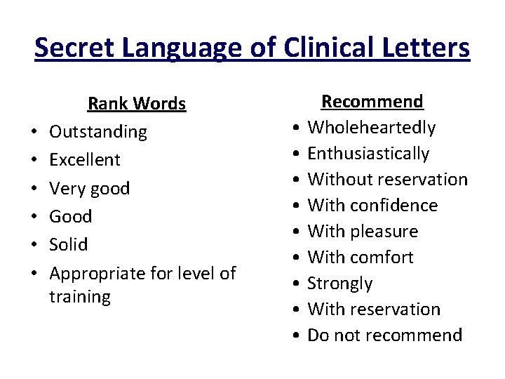 Secret Language of Clinical Letters • • • Rank Words Outstanding Excellent Very good