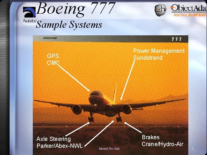 Boeing 777 Sample Systems Power Management Sundstrand GPS CMC Axle Steering Parker/Abex-NWL Internal Use