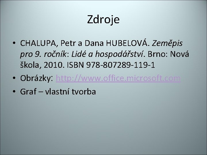 Zdroje • CHALUPA, Petr a Dana HUBELOVÁ. Zeměpis pro 9. ročník: Lidé a hospodářství.