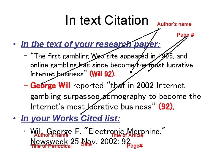 In text Citation Author’s name Page # • In the text of your research