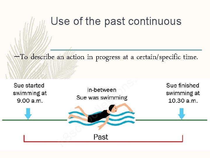 Use of the past continuous –To describe an action in progress at a certain/specific