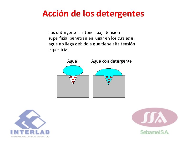Acción de los detergentes Los detergentes al tener baja tensión superficial penetran en lugar Acción de los detergentes Los detergentes al tener baja tensión superficial penetran en lugar