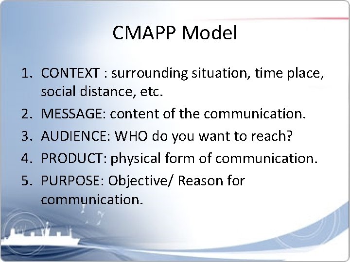 CMAPP Model 1. CONTEXT : surrounding situation, time place, social distance, etc. 2. MESSAGE: